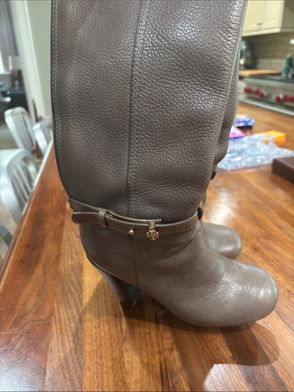 Tory Burch Taupe Leather Mid-Calf Boots with Gold Charm